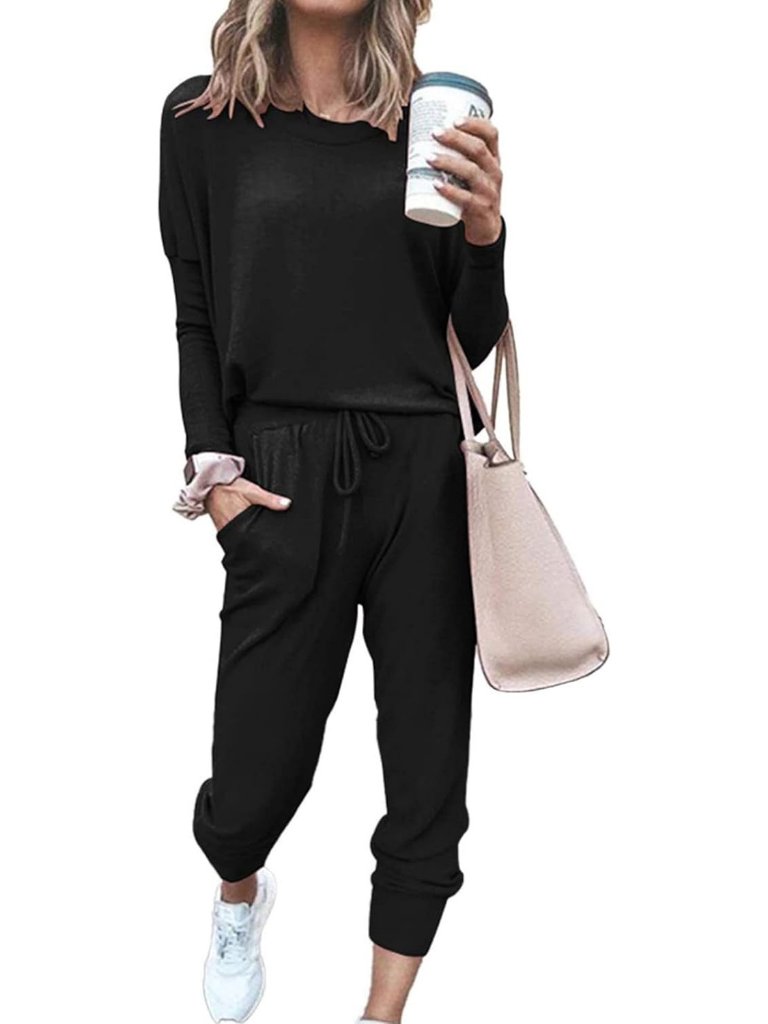 Women's 2 Piece Sets Black Sweatsuits Casual Long Sleeve Sweatpants Fall